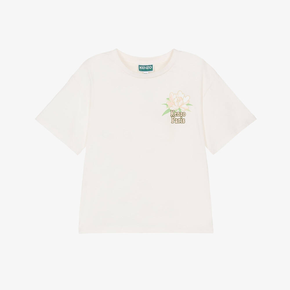 KENZO KIDS-Girls Ivory Cotton T-Shirt with Kenzo Paris Peony Logo | Childrensalon
