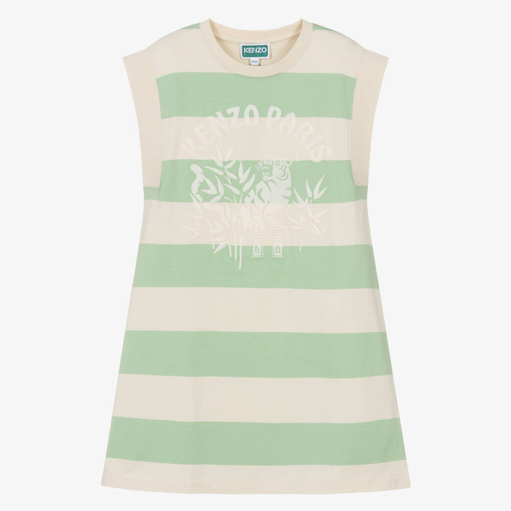 KENZO KIDS-Girls Ivory & Green Stripe Cotton Dress with Tiger Embroidery | Childrensalon