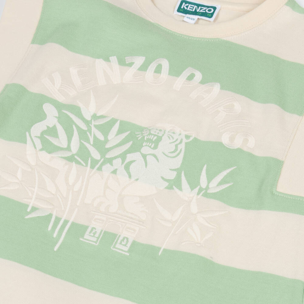 KENZO KIDS-Girls Ivory & Green Stripe Cotton Dress with Tiger Embroidery | Childrensalon