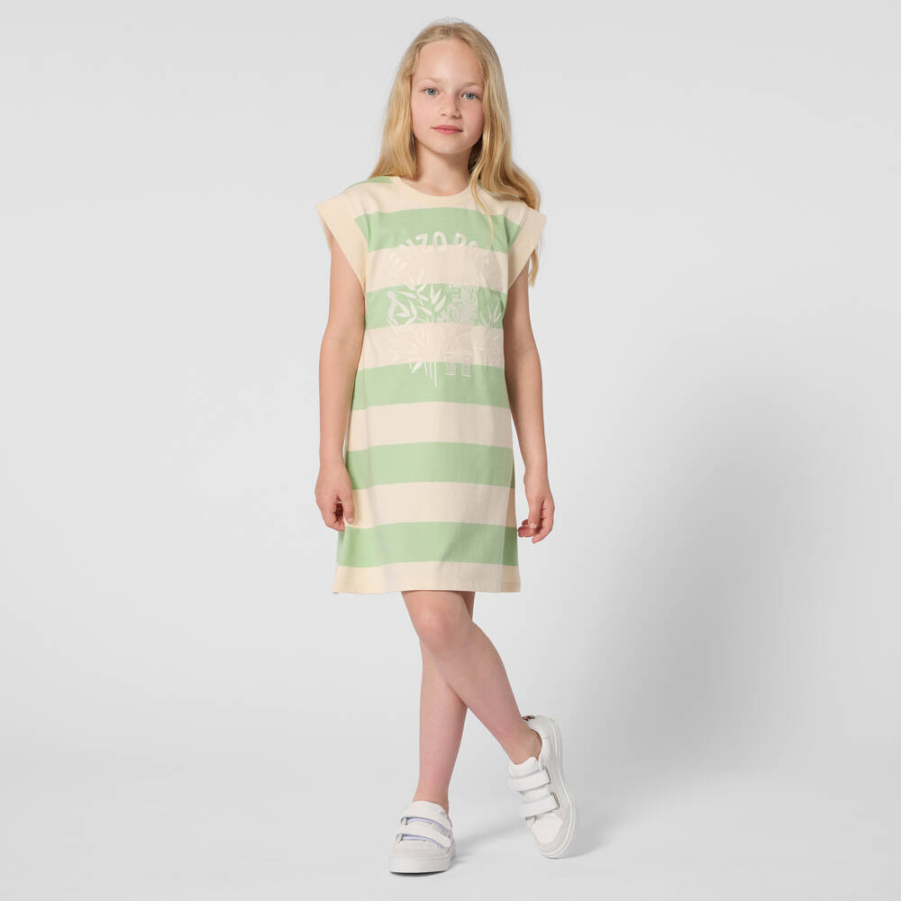 KENZO KIDS-فستان قطن مقلم ومطرز لون أخضر وعاجي للبنات | Childrensalon