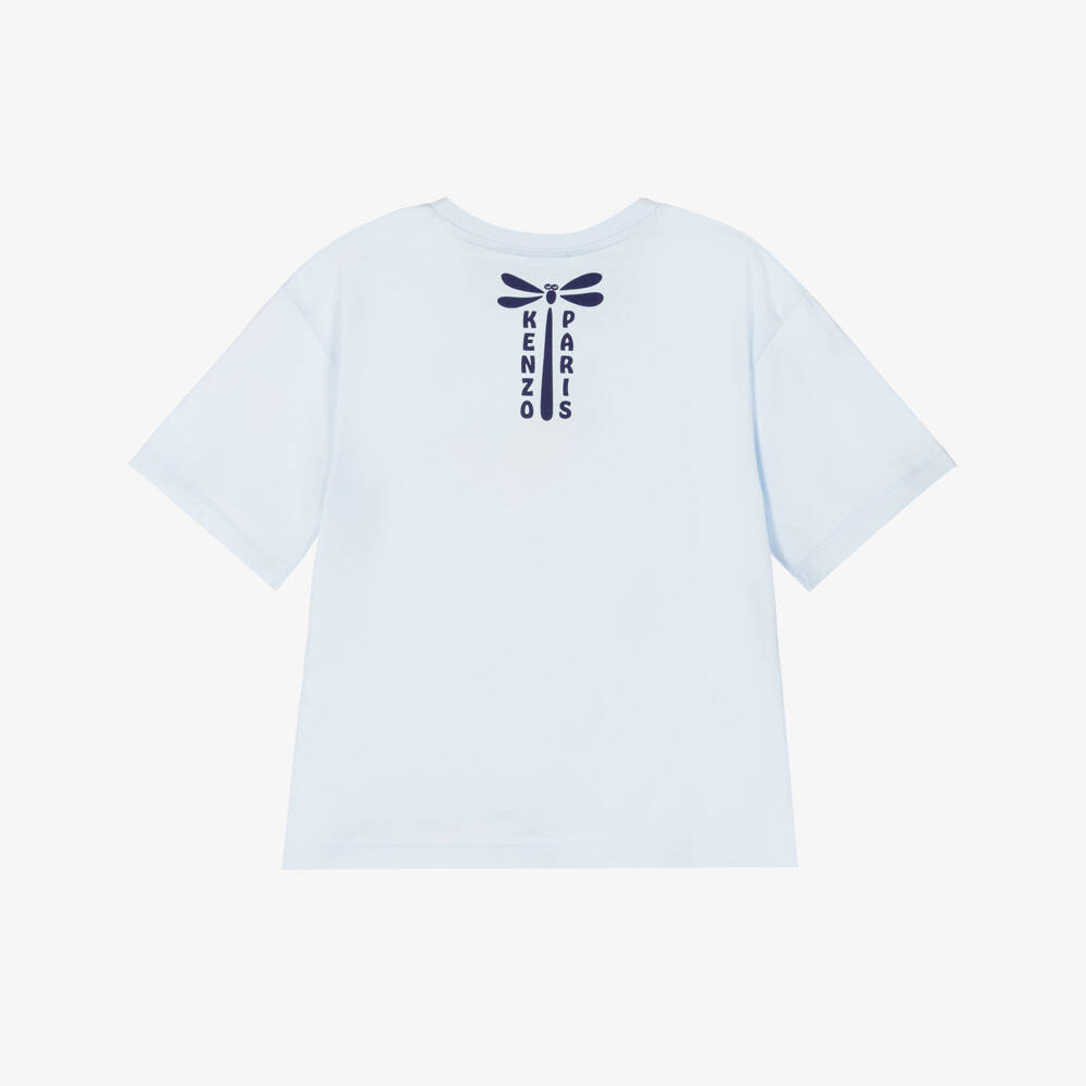 KENZO KIDS-Girls Pale Blue Cotton T-Shirt with Dragonfly Logo | Childrensalon