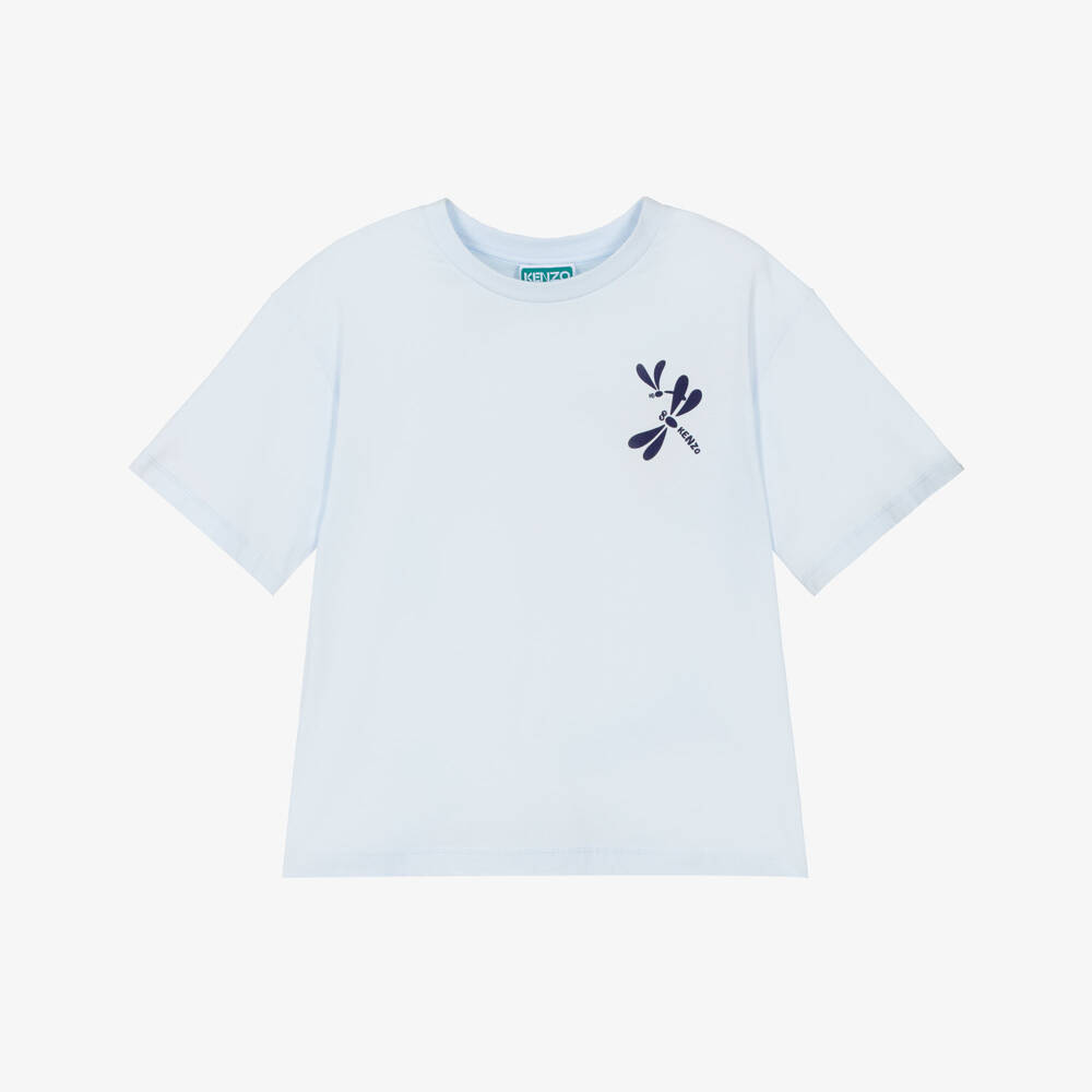 KENZO KIDS-Girls Pale Blue Cotton T-Shirt with Dragonfly Logo | Childrensalon