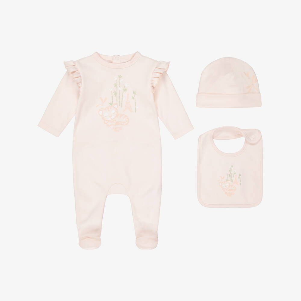 KENZO KIDS-Girls Pale Pink Babysuit Set with Baby Tiger Print | Childrensalon