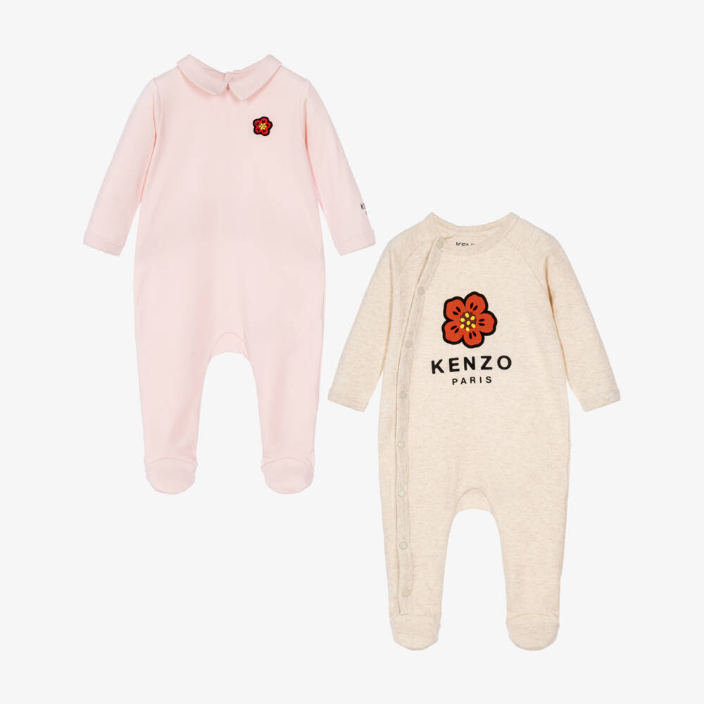 KENZO KIDS-Girls Pink & Beige Cotton Boke Flower Babygrows (2 Pack) | Childrensalon