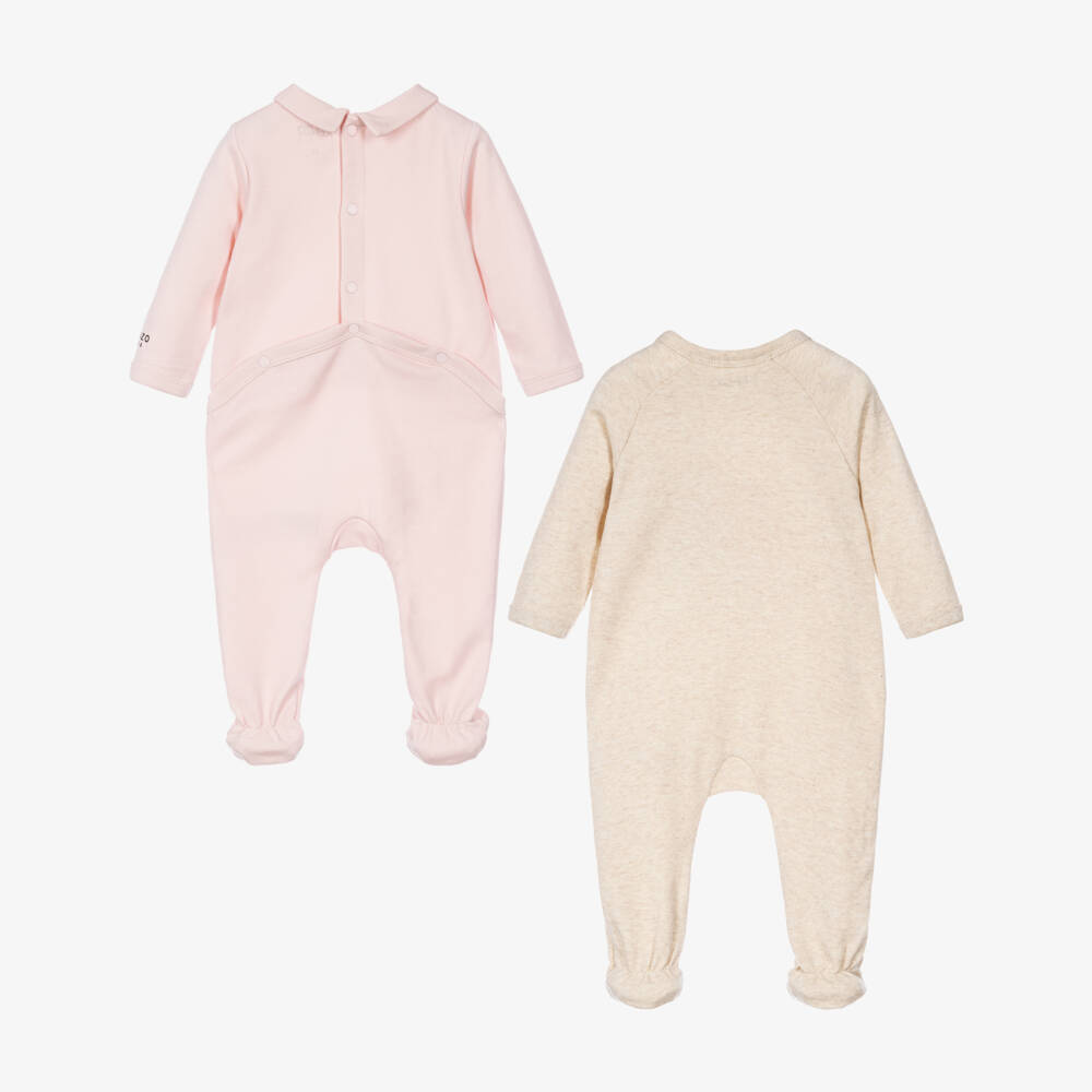 KENZO KIDS-Girls Pink & Beige Cotton Boke Flower Babygrows (2 Pack) | Childrensalon