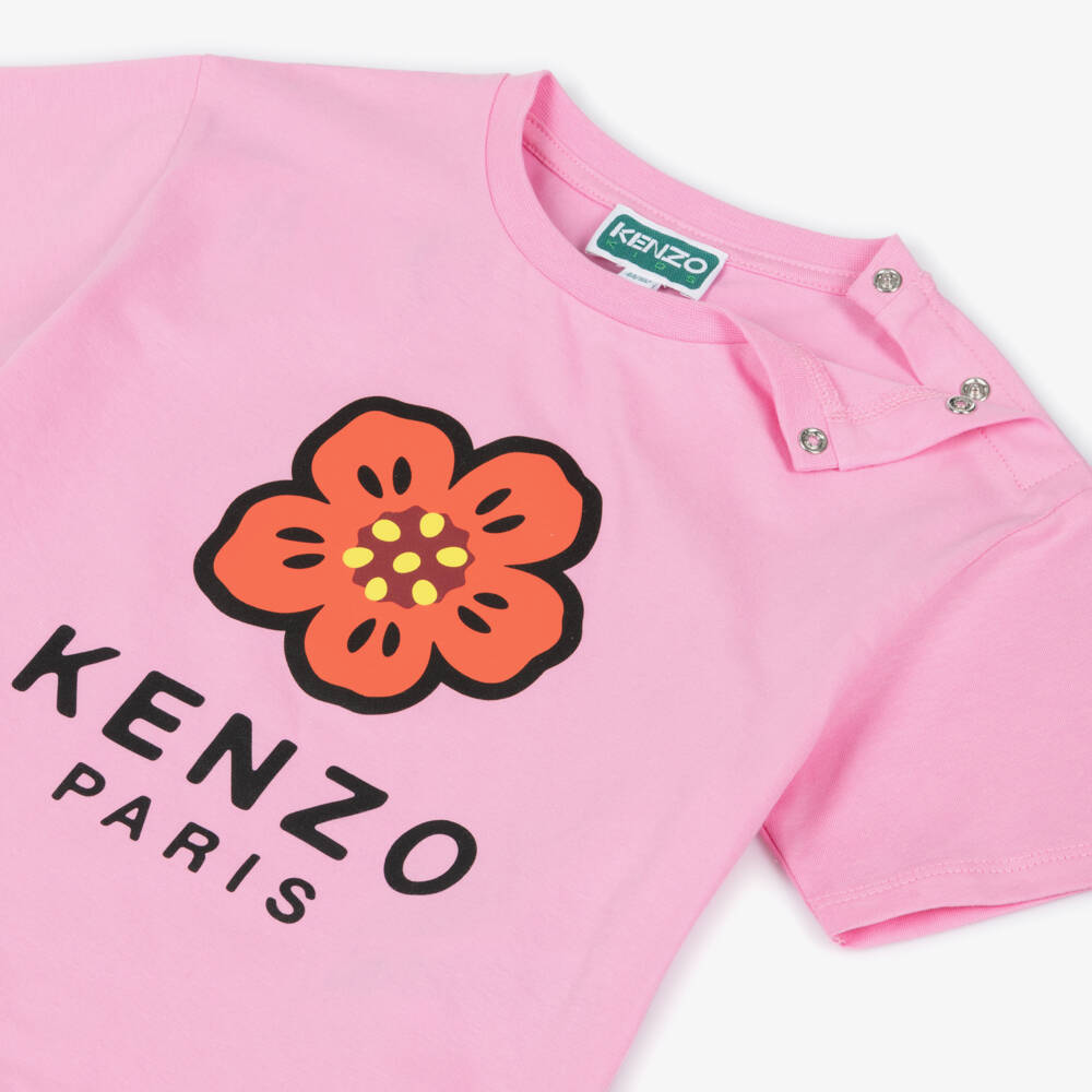 KENZO KIDS-Girls Pink Cotton Boke Flower & Logo T-Shirt | Childrensalon
