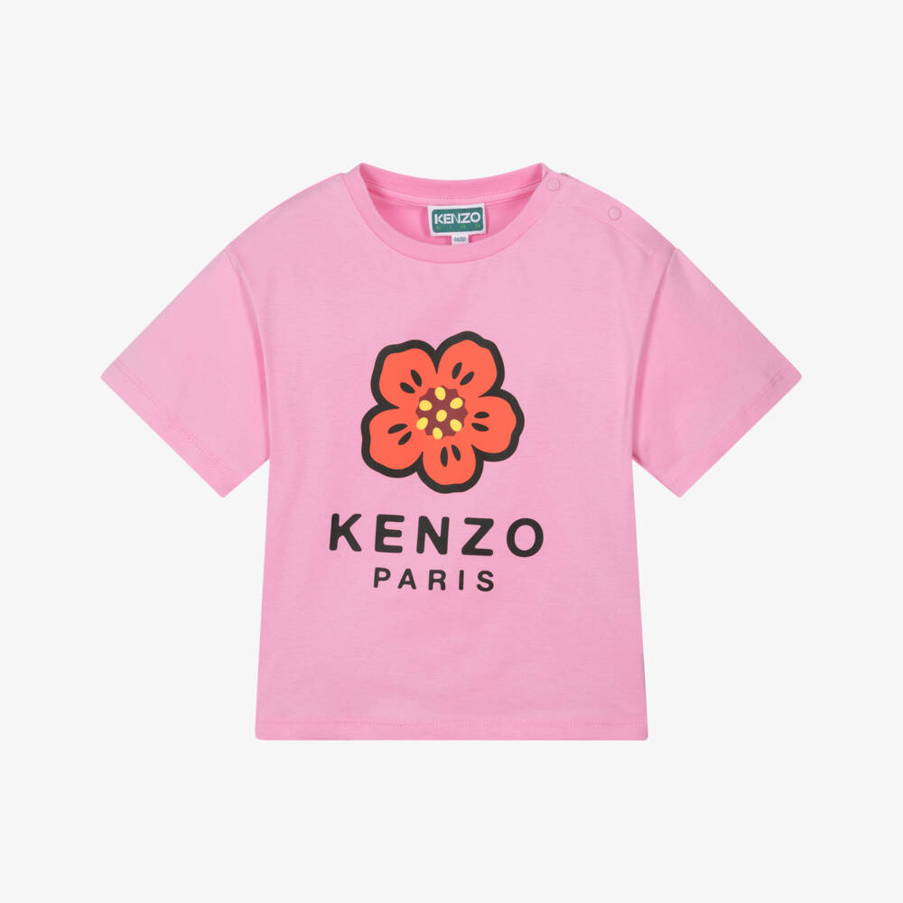 KENZO KIDS-Girls Pink Cotton Boke Flower & Logo T-Shirt | Childrensalon
