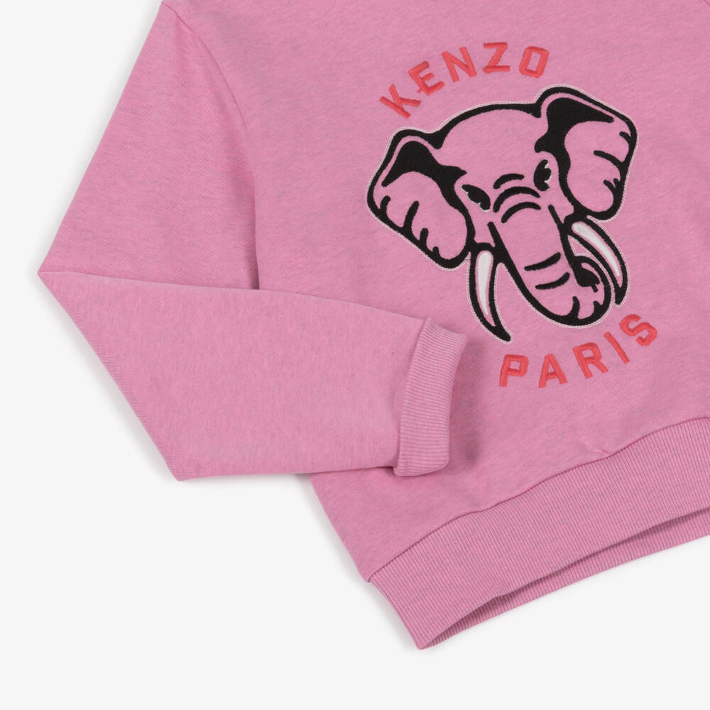 KENZO KIDS-Girls Pink Cotton Sweatshirt with Elephant Logo Embroidery | Childrensalon