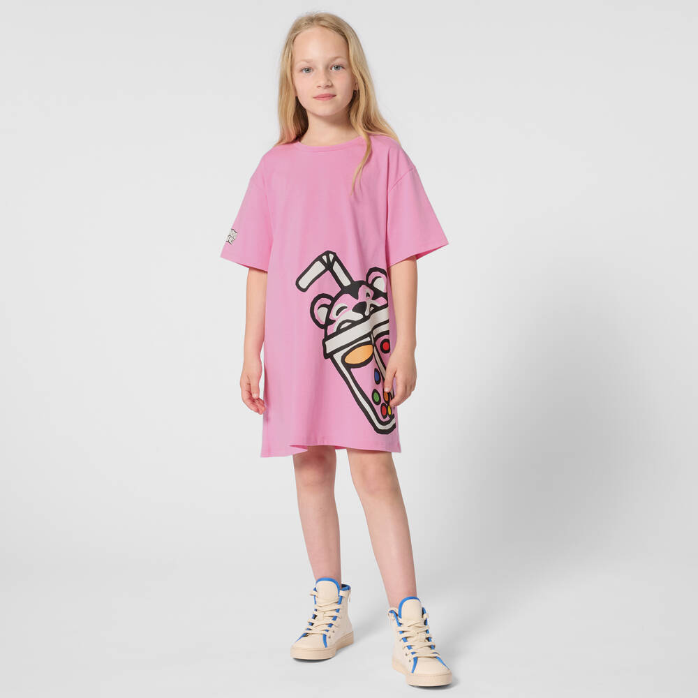 KENZO KIDS-Girls Pink Cotton T-Shirt Dress with Maxi Bubble Tiger Print | Childrensalon