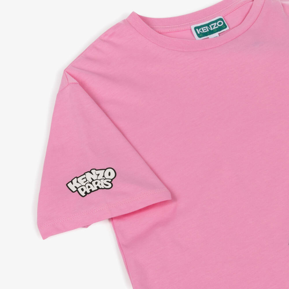 KENZO KIDS-Girls Pink Cotton T-Shirt Dress with Maxi Bubble Tiger Print | Childrensalon