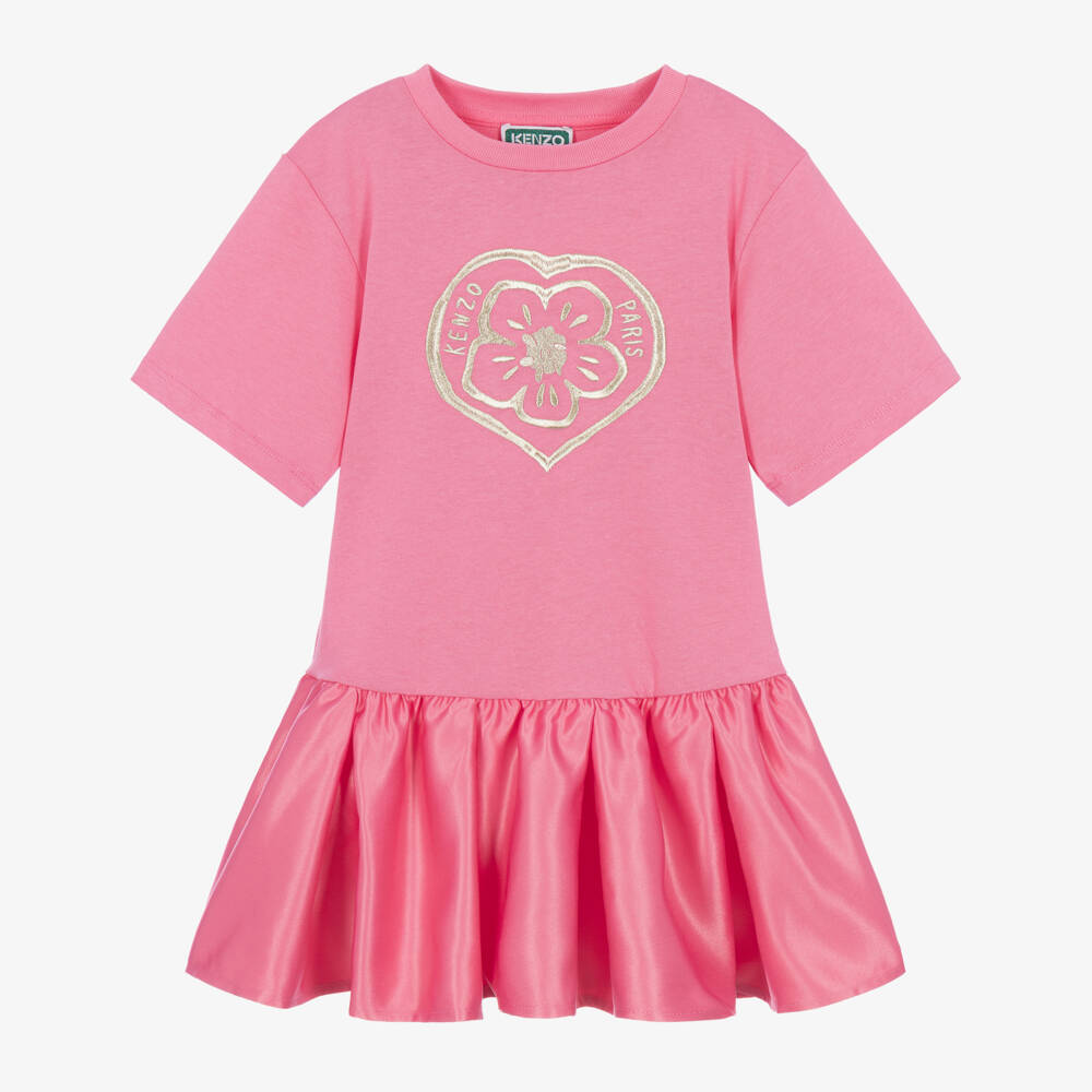 KENZO KIDS-Girls Pink Jersey & Satin Dress with Heart Boke Flower | Childrensalon