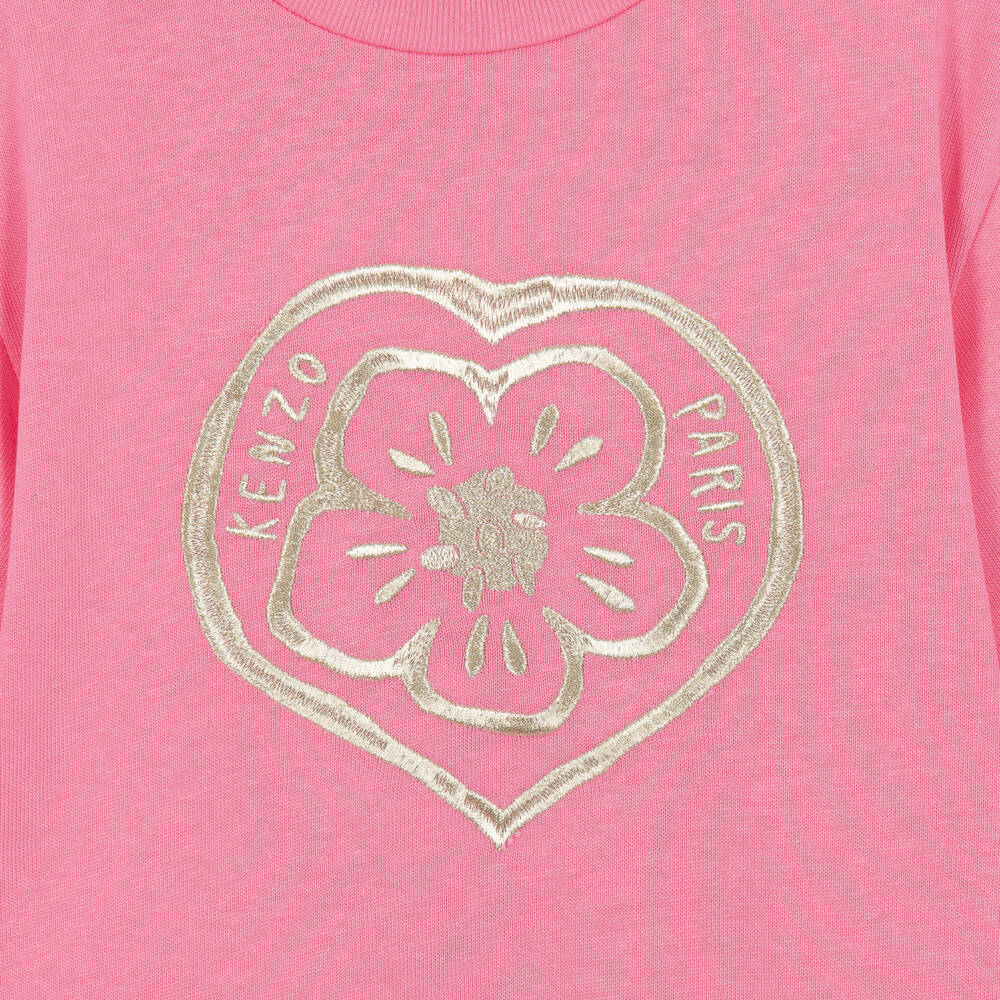 KENZO KIDS-Girls Pink Jersey & Satin Dress with Heart Boke Flower | Childrensalon