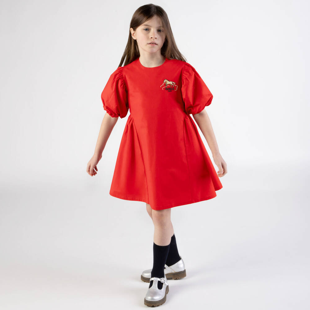 KENZO KIDS-فستان بنات قطن بوبلين لون أحمر | Childrensalon