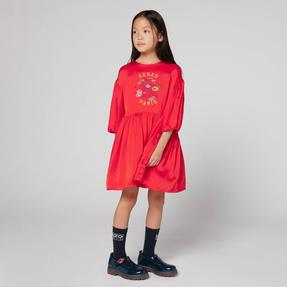 KENZO KIDS-Girls Red Satin Embroidered Snake Dress | Childrensalon
