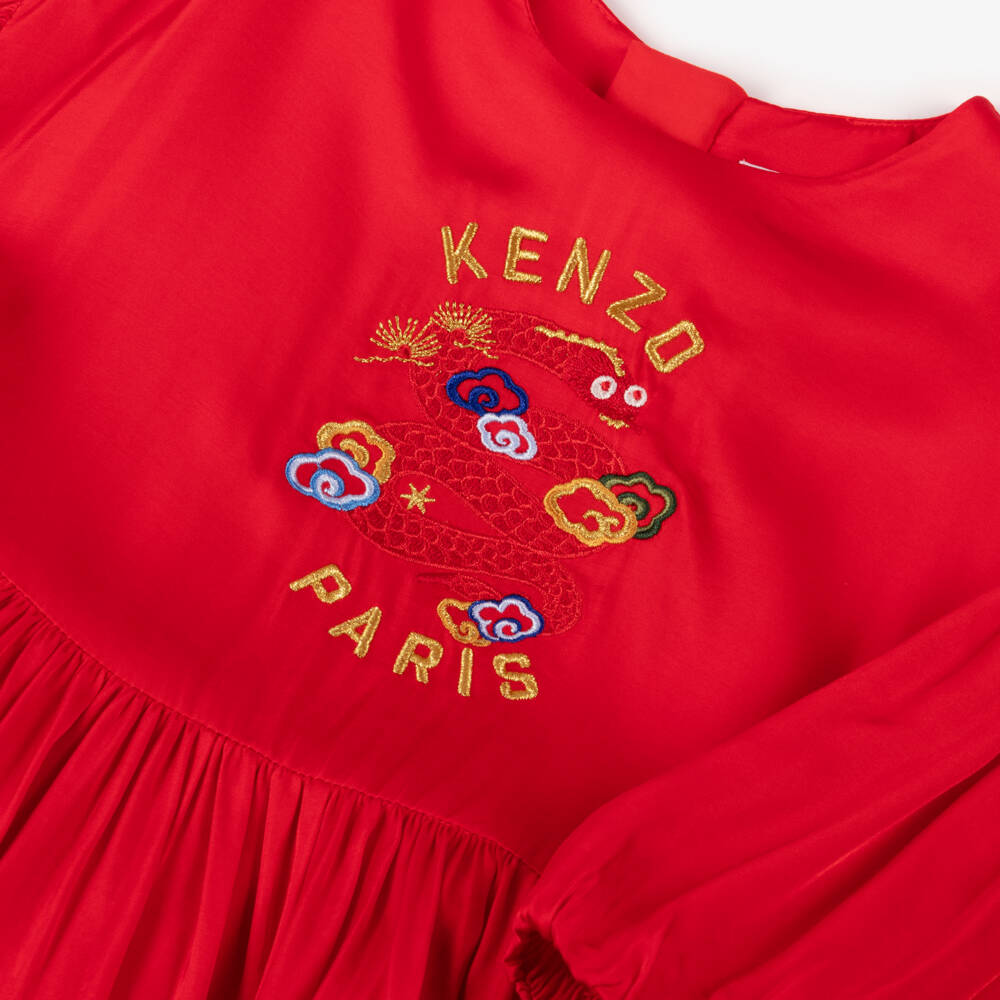 KENZO KIDS-Girls Red Satin Embroidered Snake Dress | Childrensalon