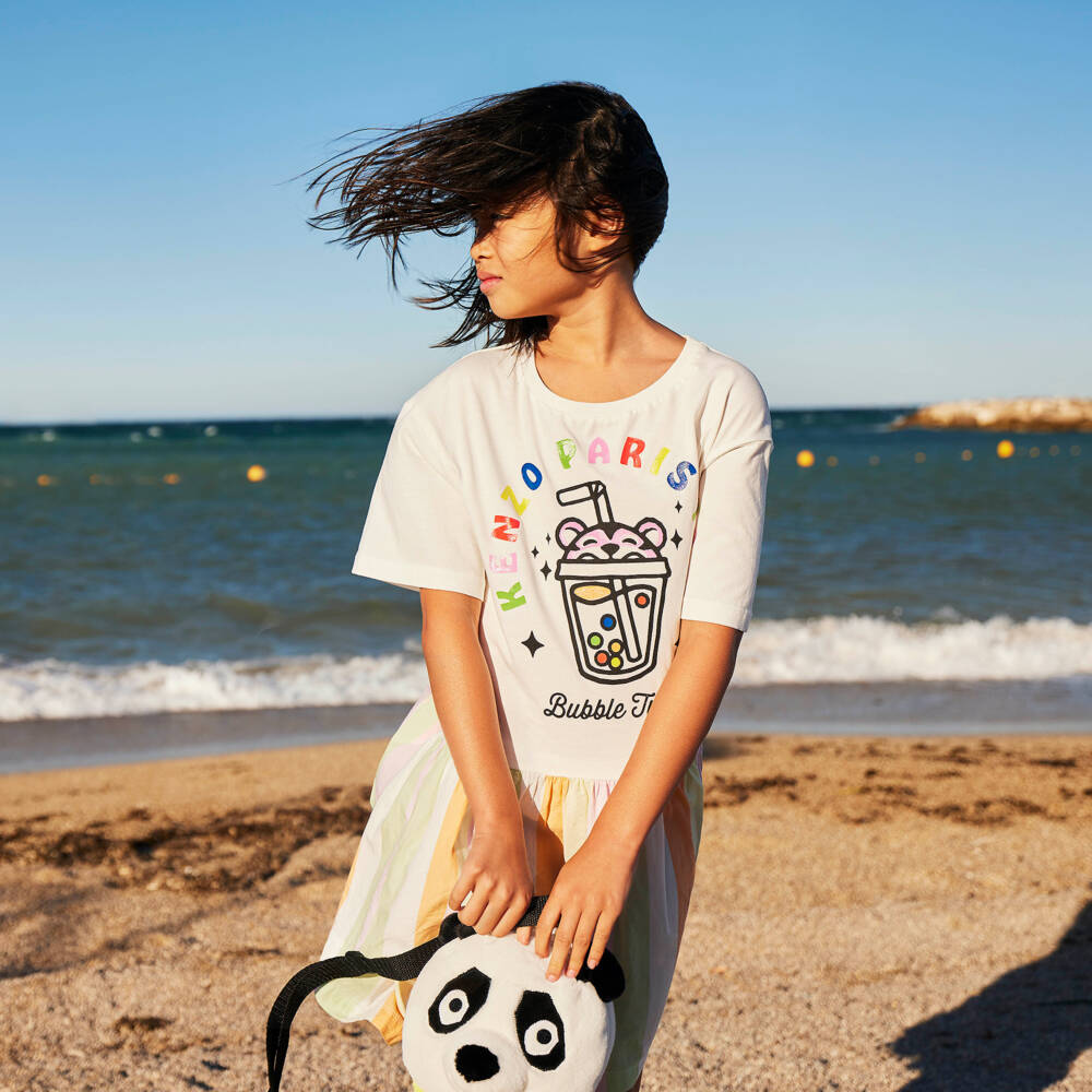 KENZO KIDS-Girls White & Pastel Stripe Cotton Dress with Bubble Tiger | Childrensalon