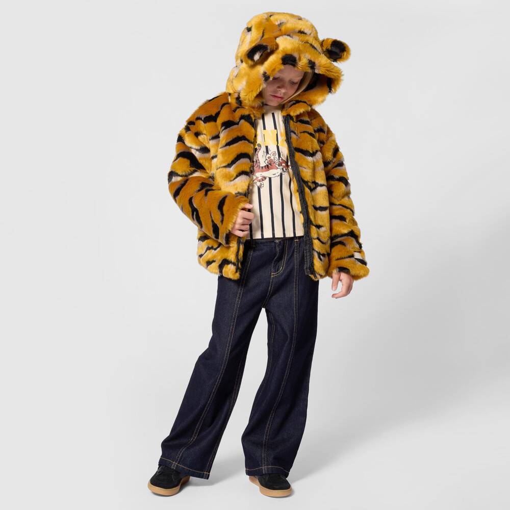 KENZO KIDS-Girls Yellow & Black Faux Fur Tiger Stripe Jacket | Childrensalon