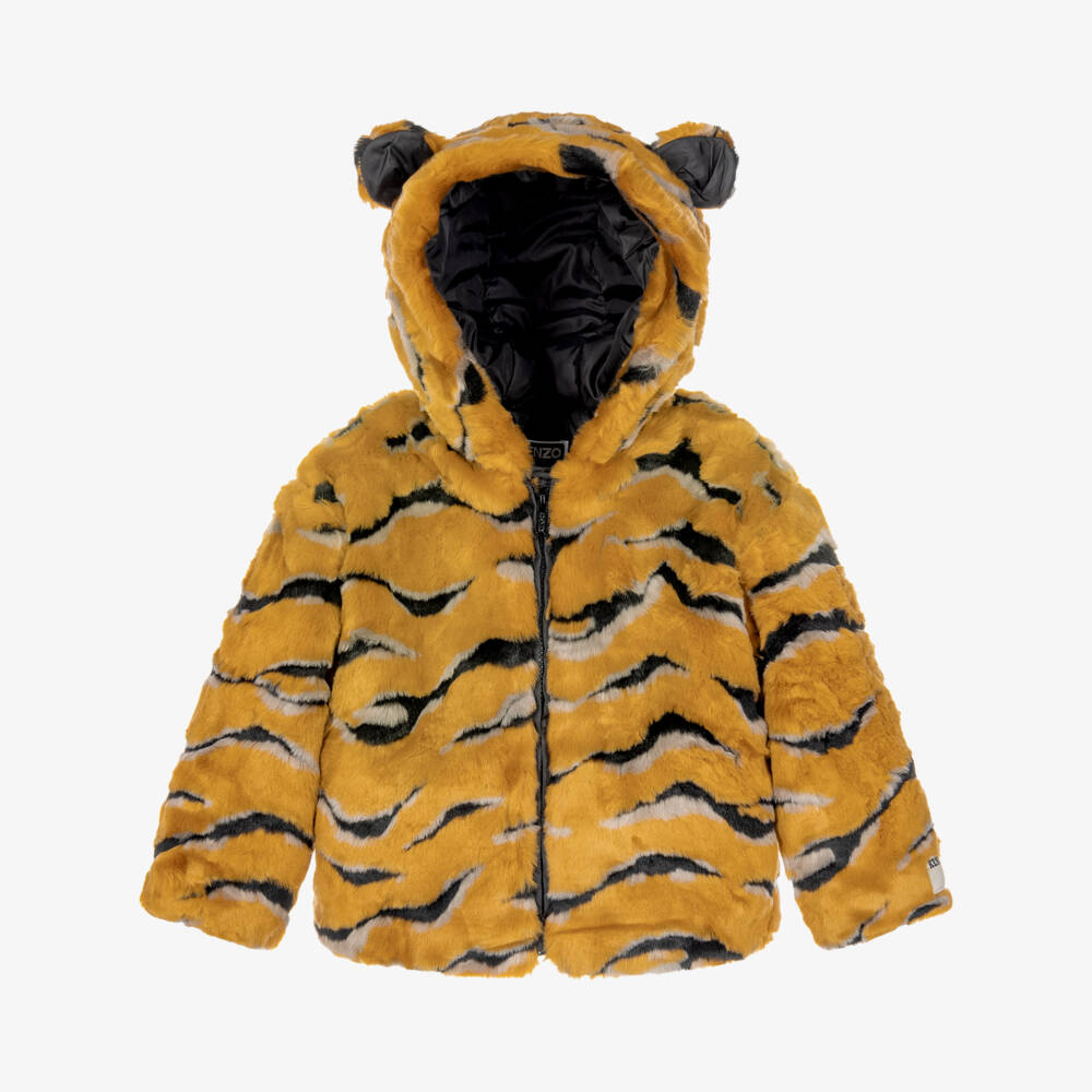 KENZO KIDS-Girls Yellow & Black Faux Fur Tiger Stripe Jacket | Childrensalon