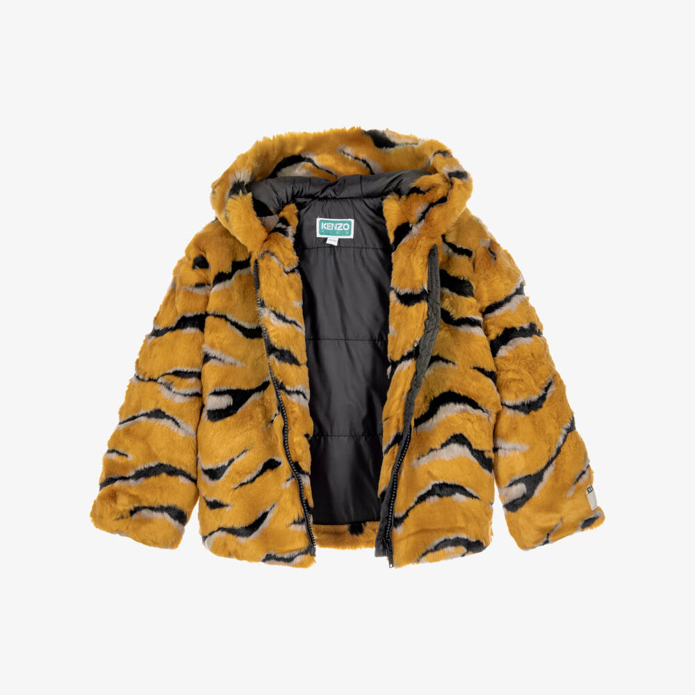 KENZO KIDS-Girls Yellow & Black Faux Fur Tiger Stripe Jacket | Childrensalon
