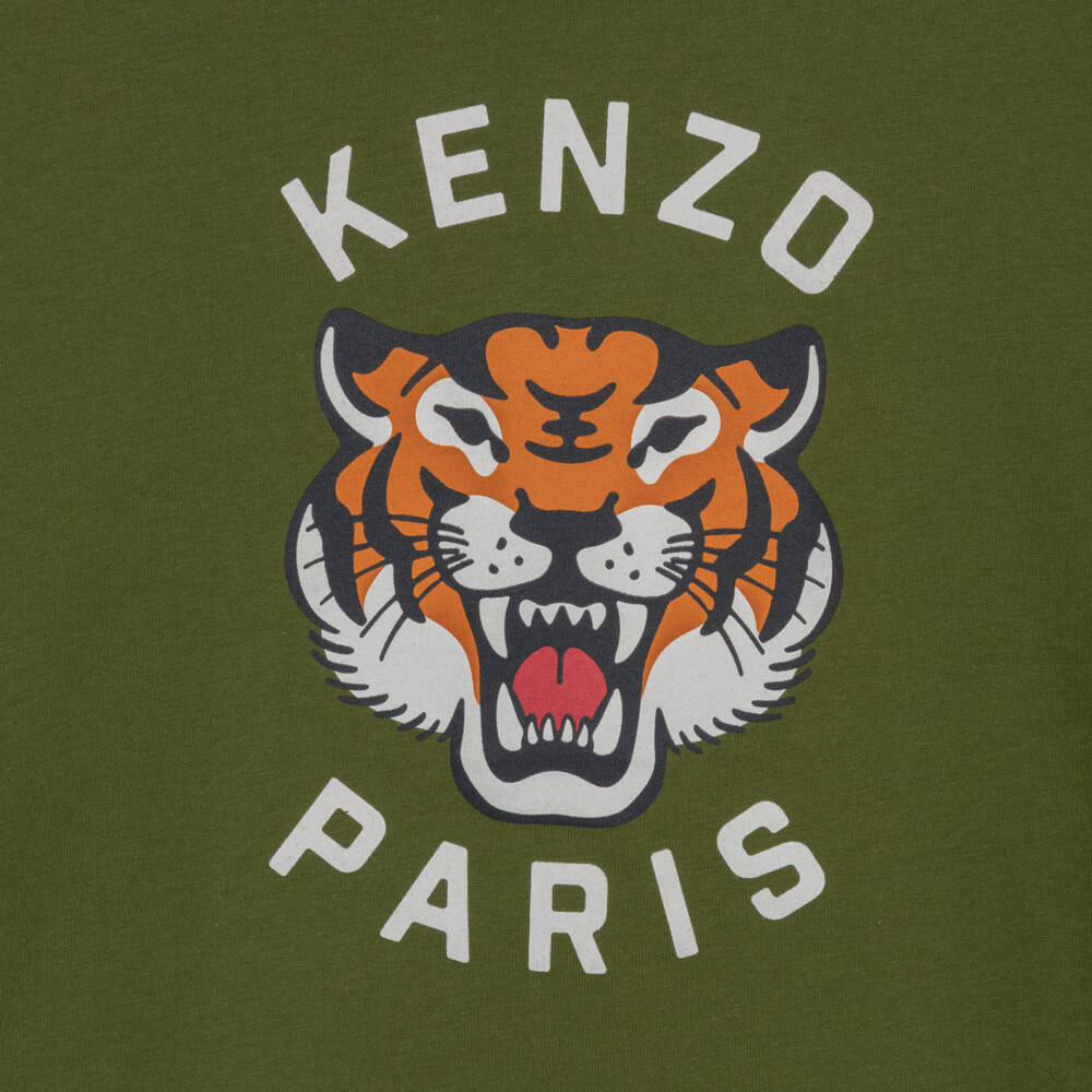 KENZO KIDS-Green Cotton Crew Neck Tiger Logo T-Shirt | Childrensalon