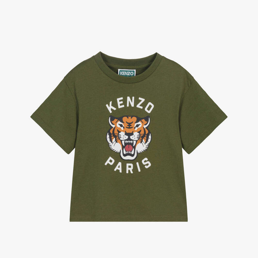 KENZO KIDS-Green Cotton Crew Neck Tiger Logo T-Shirt | Childrensalon