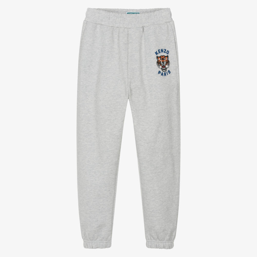 KENZO KIDS-Grey Cotton Jersey Joggers with Embroidered Lucky Tiger Logo | Childrensalon