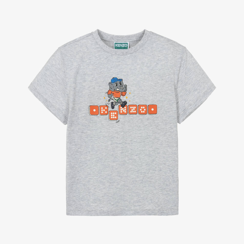 KENZO KIDS-Grey Marl Cotton Elephant & Dice Logo T-Shirt | Childrensalon