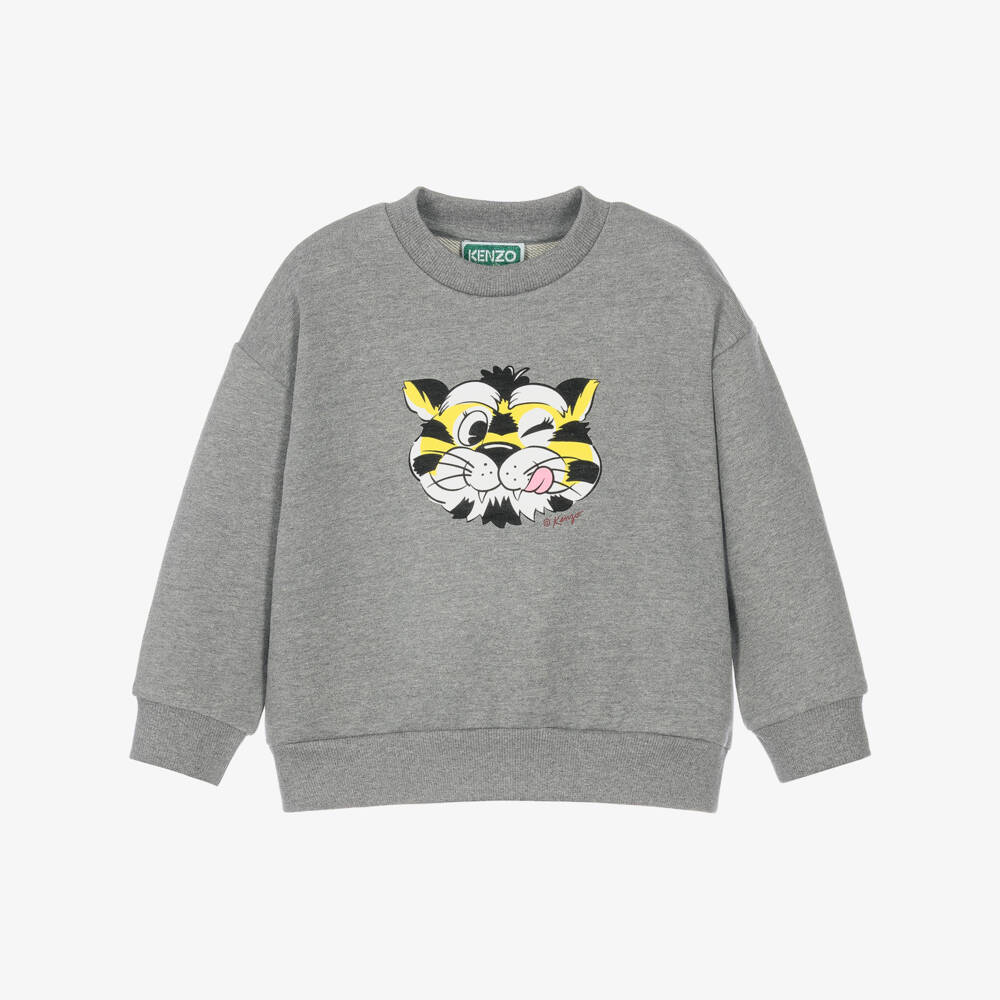 KENZO KIDS-Grey Marl Cotton Jersey Wild Tiger Sweatshirt | Childrensalon