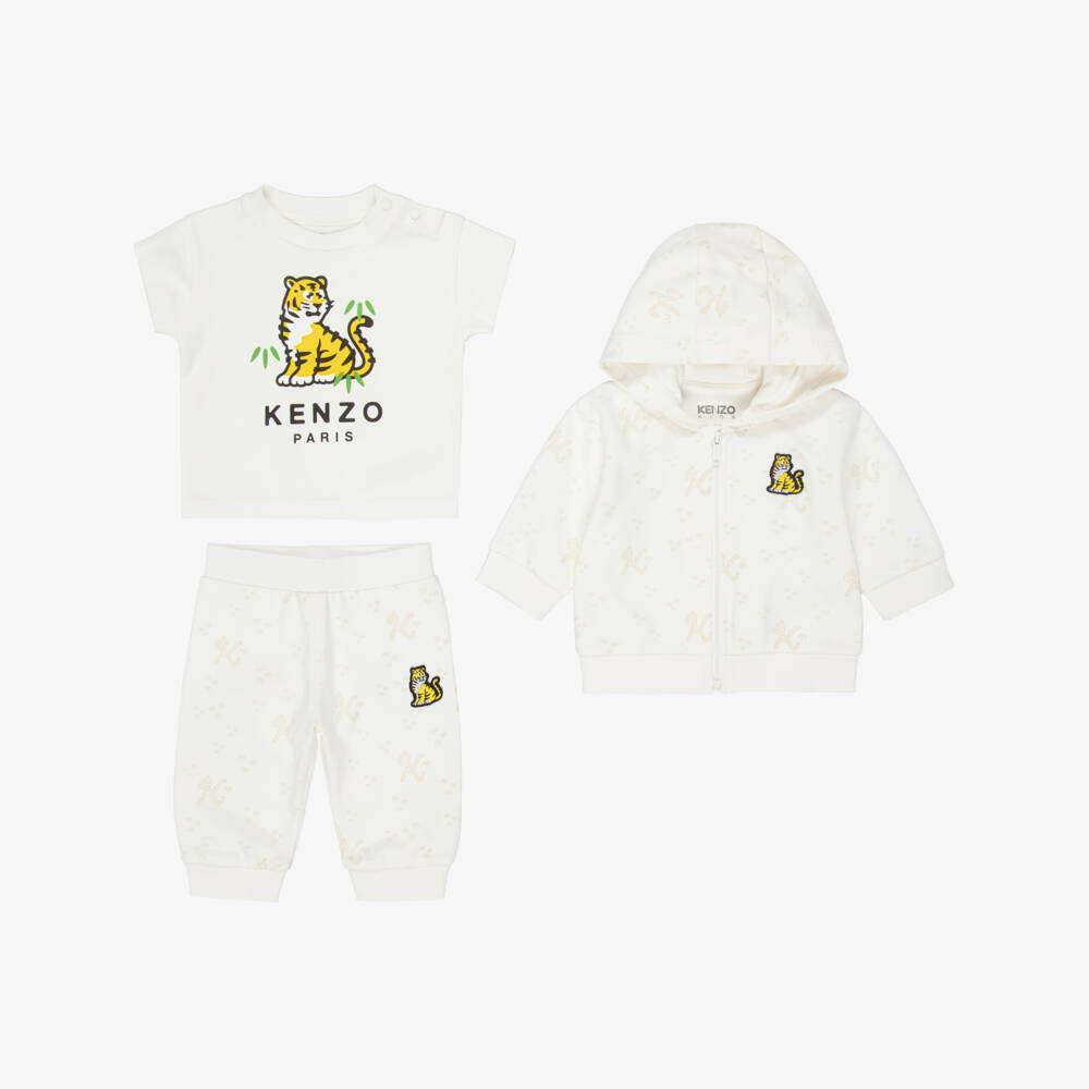 KENZO KIDS-Ivory & Beige Cotton Baby Tracksuit Set | Childrensalon