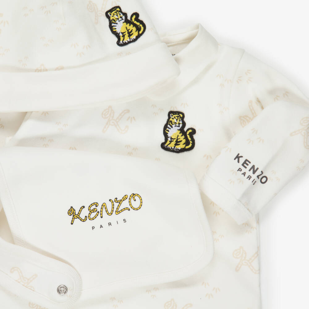 KENZO KIDS-Ivory & Beige Cotton Babysuit Set with K Tail Print | Childrensalon