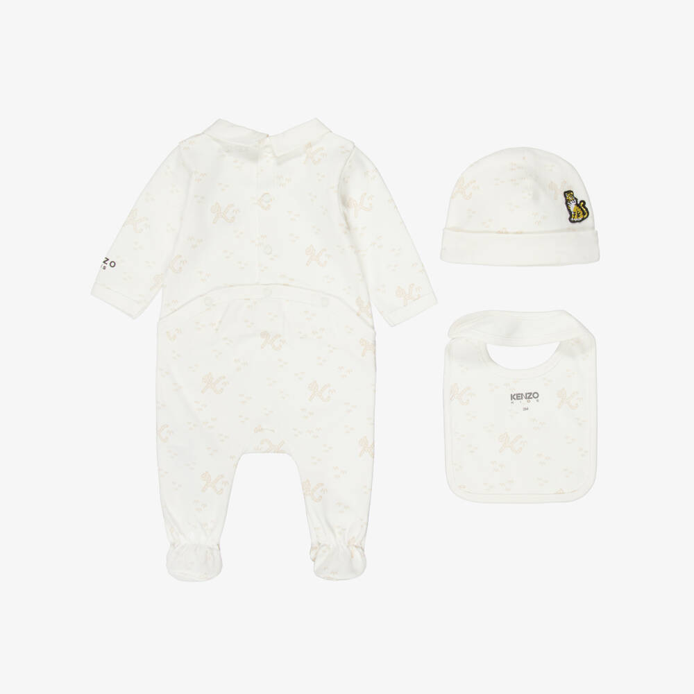 KENZO KIDS-Ivory & Beige Cotton Babysuit Set with K Tail Print | Childrensalon