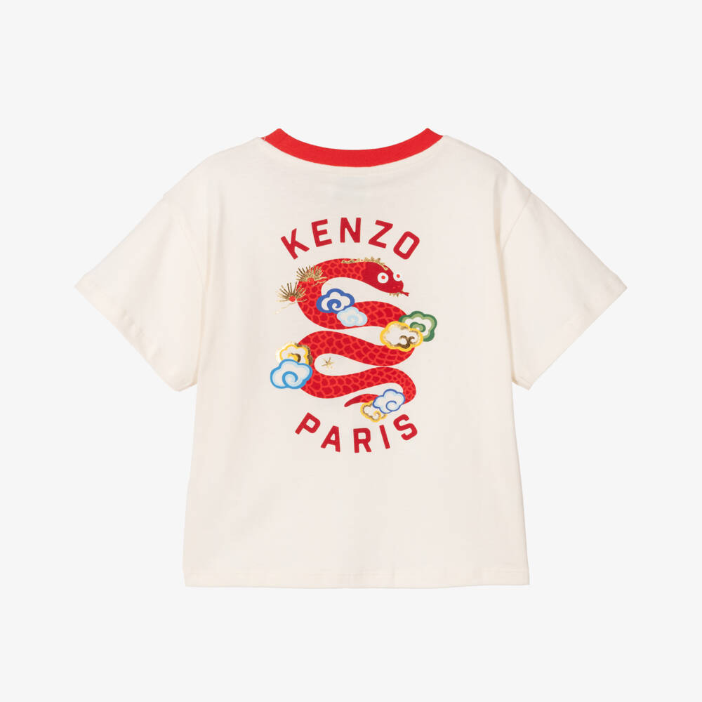 KENZO KIDS-Ivory Cotton Snake T-Shirt | Childrensalon
