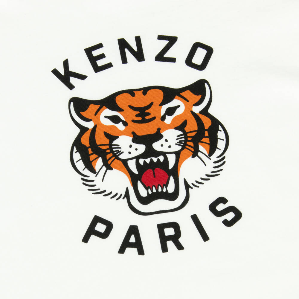 KENZO KIDS-Ivory Cotton T-Shirt with Lucky Tiger Print | Childrensalon