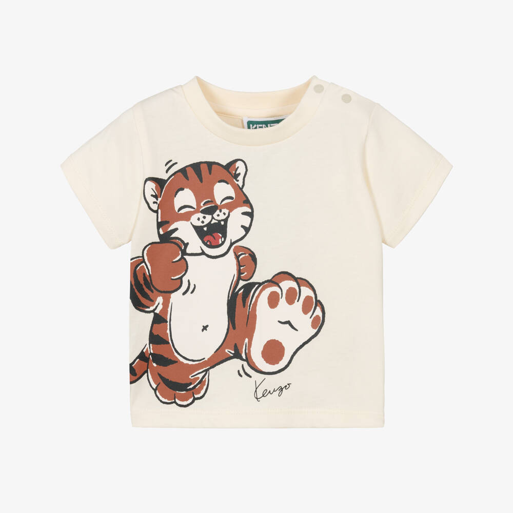 KENZO KIDS-Ivory Cotton Tiger Motif T-Shirt | Childrensalon