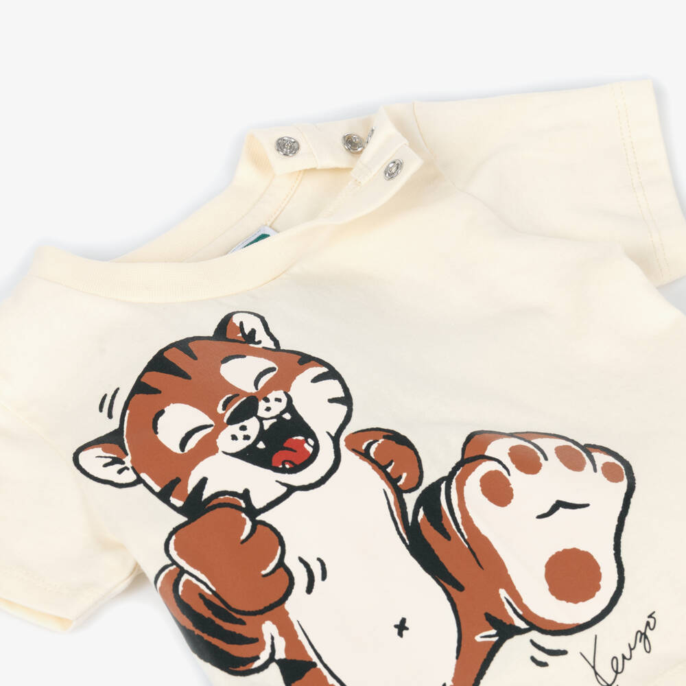 KENZO KIDS-Ivory Cotton Tiger Motif T-Shirt | Childrensalon