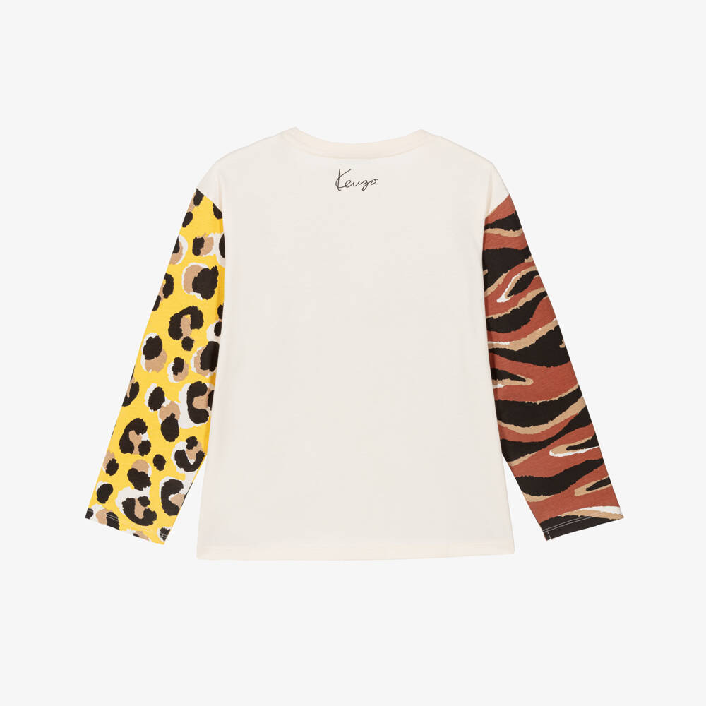 KENZO KIDS-Ivory Cotton Top with Tiger & Panther Print | Childrensalon