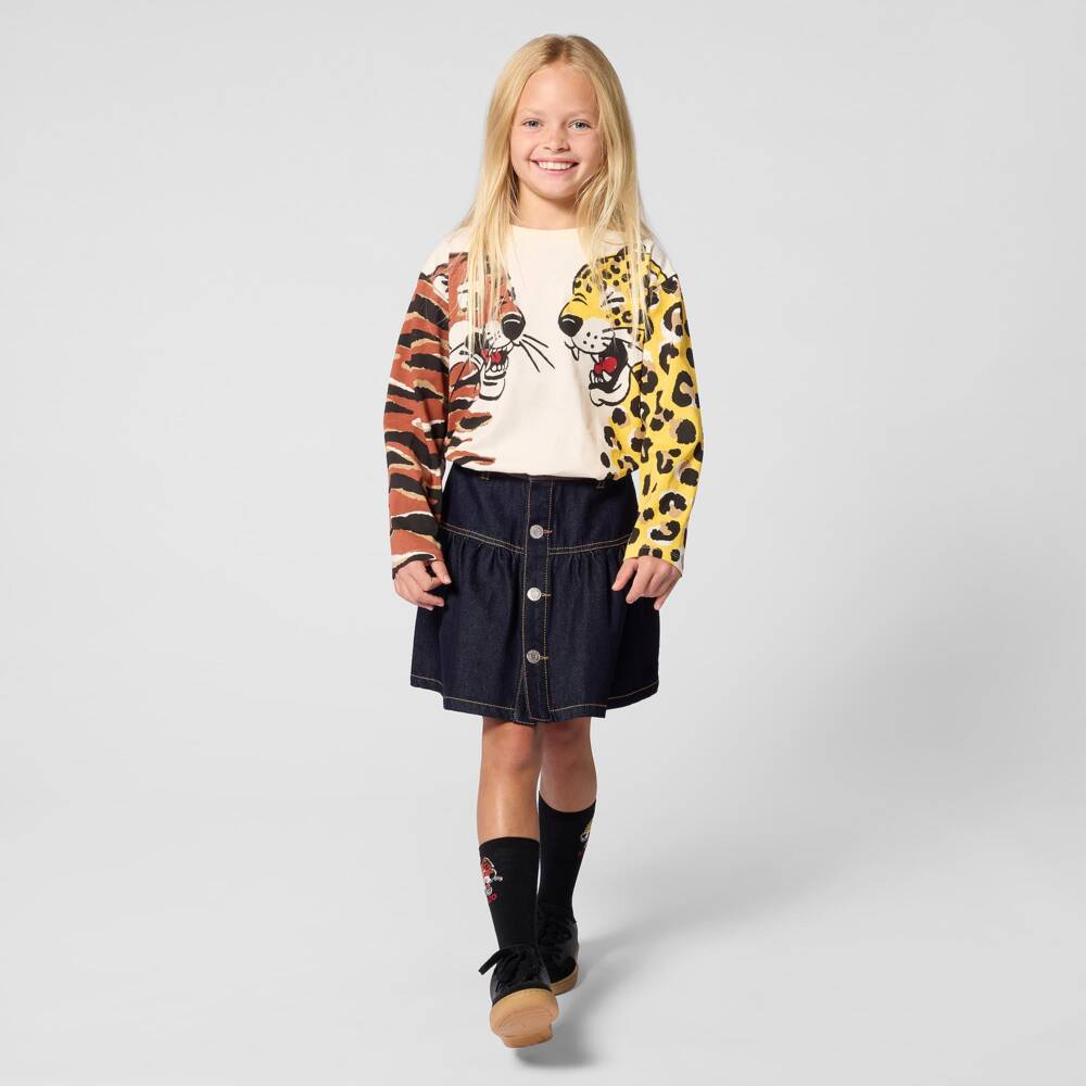 KENZO KIDS-Ivory Cotton Top with Tiger & Panther Print | Childrensalon