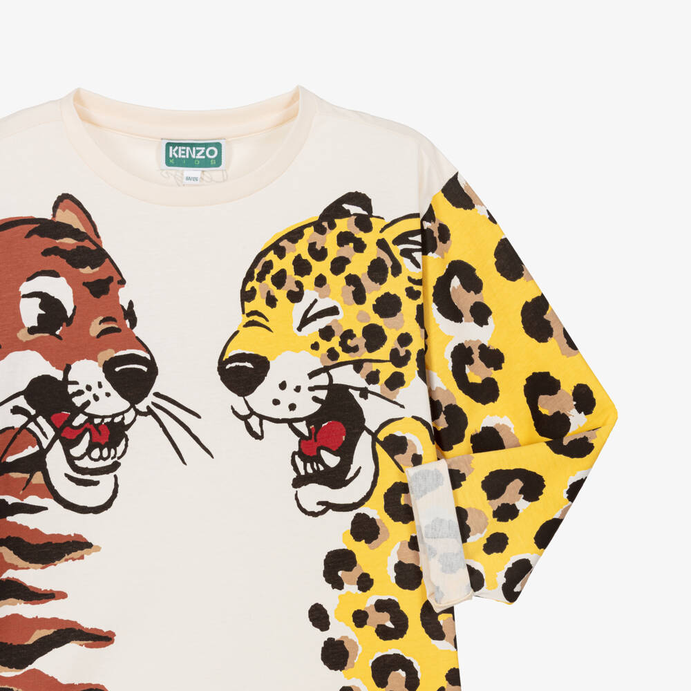 KENZO KIDS-Ivory Cotton Top with Tiger & Panther Print | Childrensalon