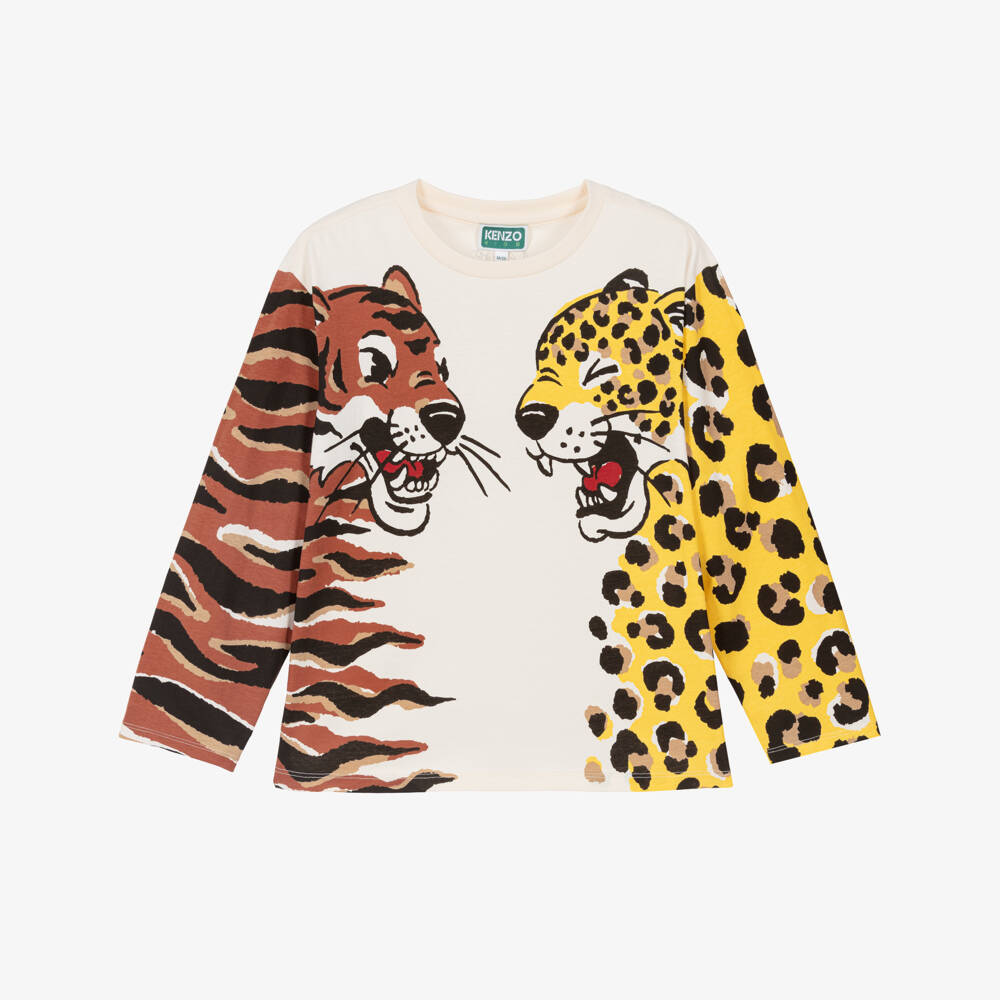 KENZO KIDS-Ivory Cotton Top with Tiger & Panther Print | Childrensalon