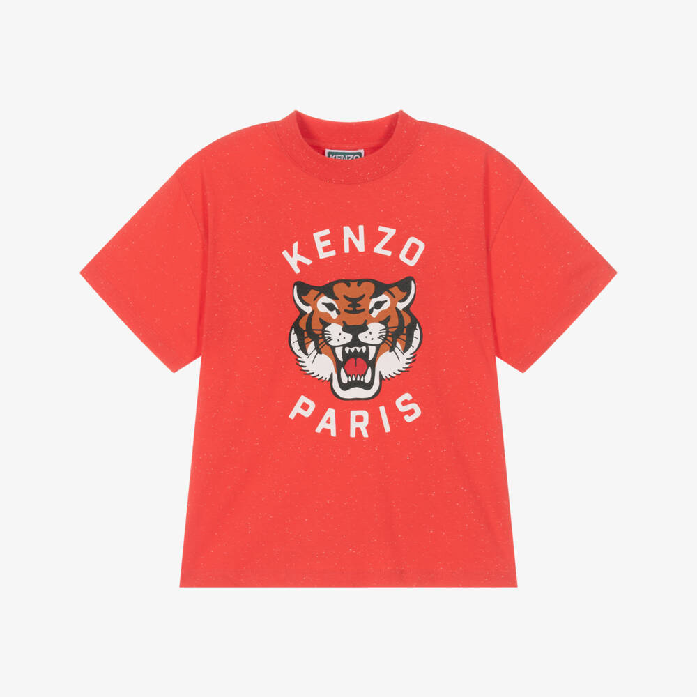 KENZO KIDS-Mottled Red Cotton Jersey T-Shirt with Lucky Tiger Print | Childrensalon