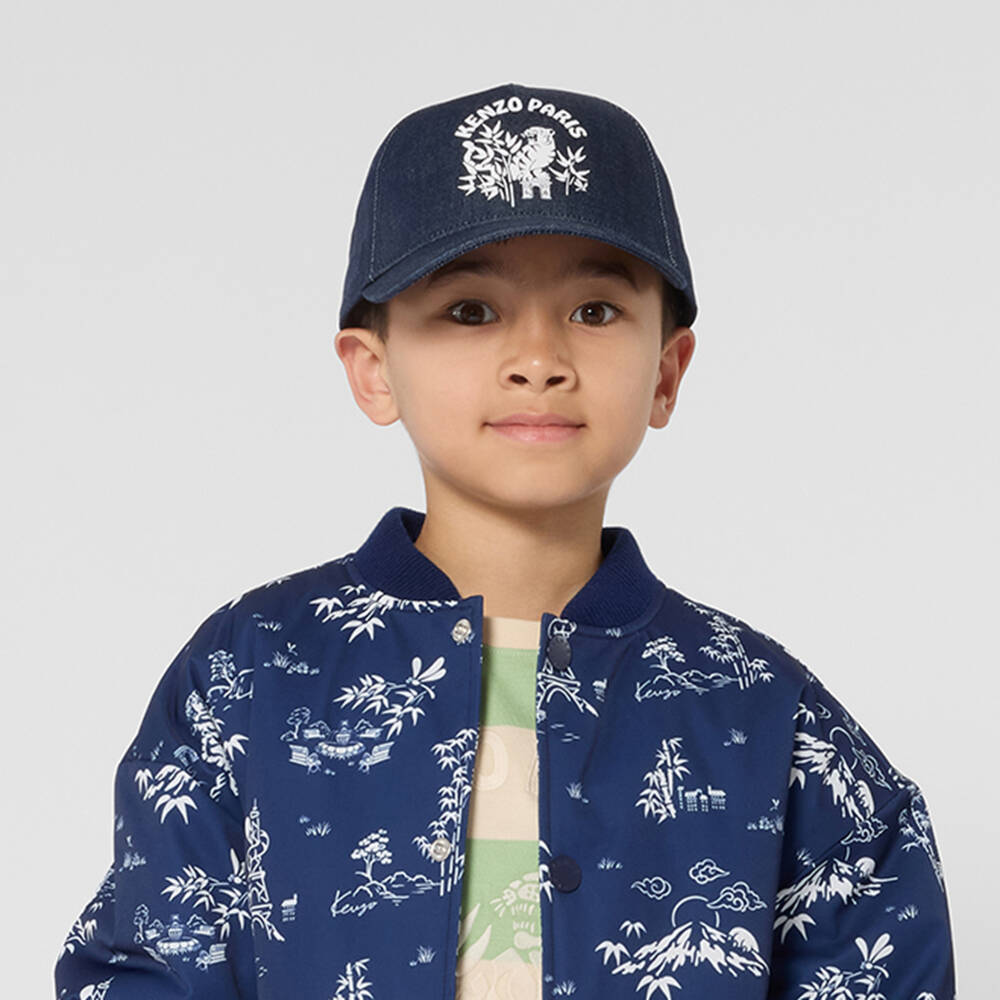 KENZO KIDS-Navy Blue Denim Paris Logo Cap | Childrensalon