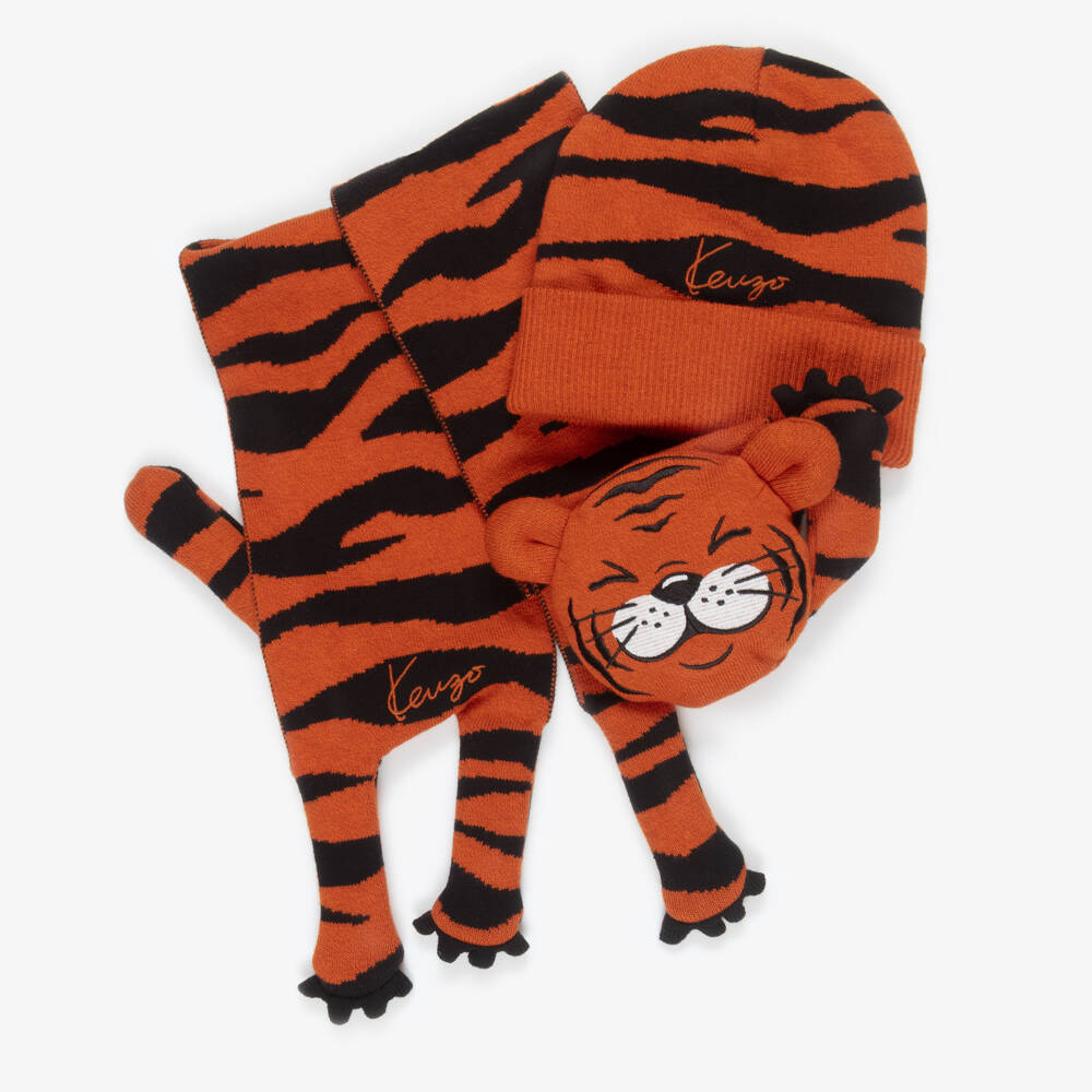 KENZO KIDS-Orange & Black Knitted Tiger Hat & Scarf Set | Childrensalon