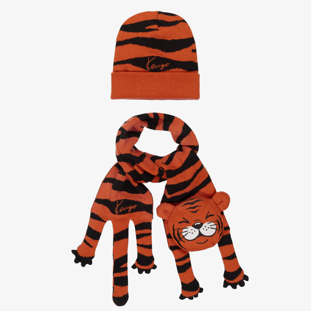 KENZO KIDS-Orange & Black Knitted Tiger Hat & Scarf Set | Childrensalon