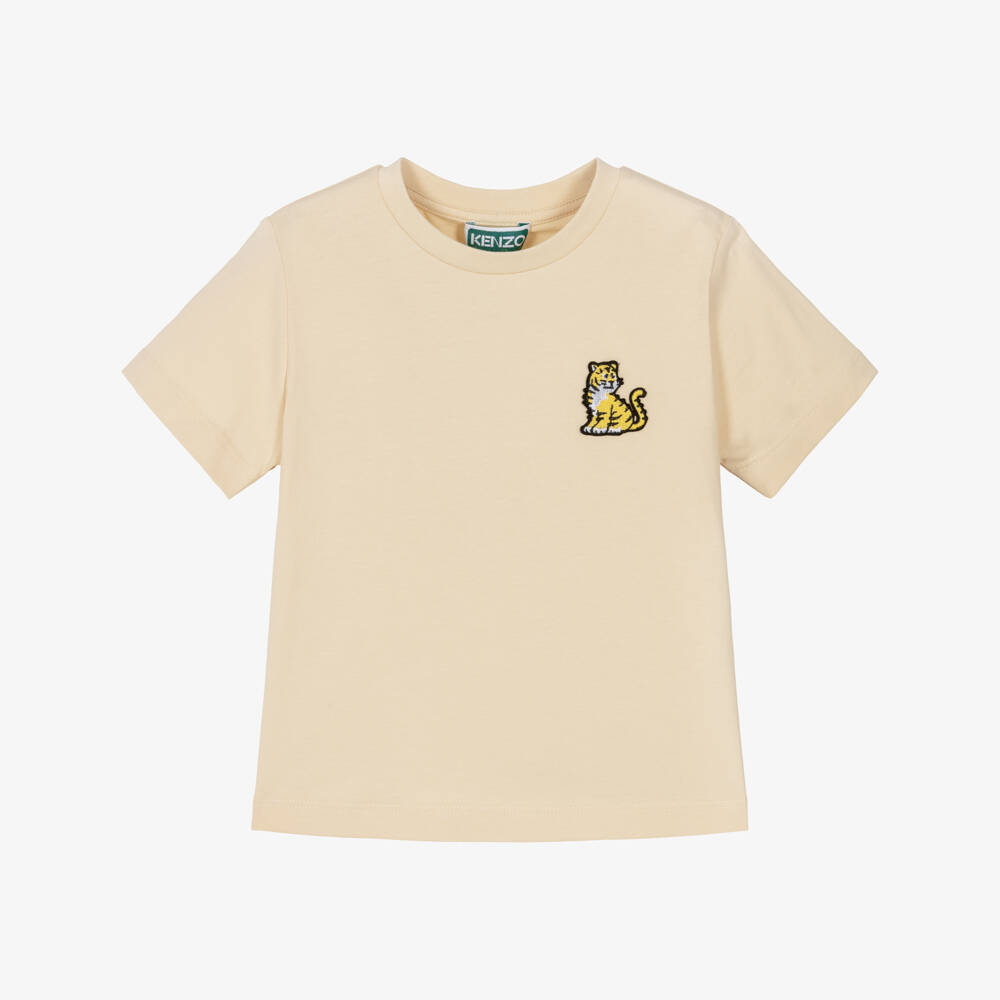 KENZO KIDS-Pale Beige Cotton T-Shirt with Kotora Tiger | Childrensalon