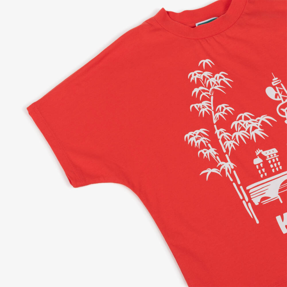 KENZO KIDS-Red Cotton Logo T-Shirt with Eiffel Tower & Tiger Tail | Childrensalon