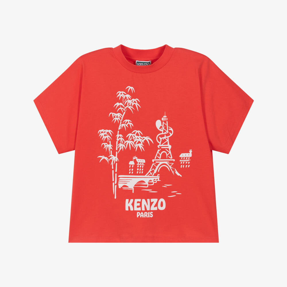 KENZO KIDS-Red Cotton Logo T-Shirt with Eiffel Tower & Tiger Tail | Childrensalon