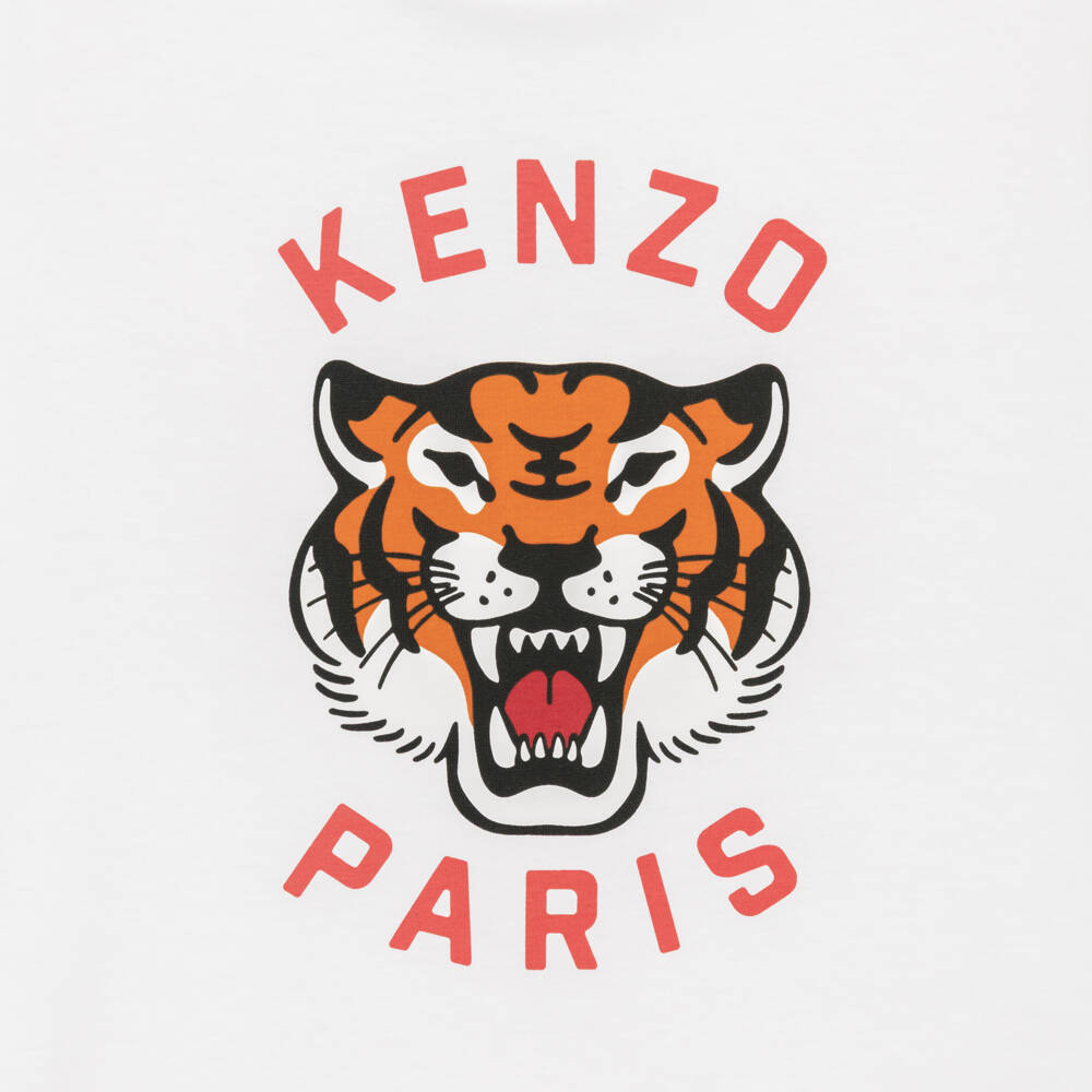 KENZO KIDS-White Cotton Crew Neck Tiger Logo T-Shirt | Childrensalon