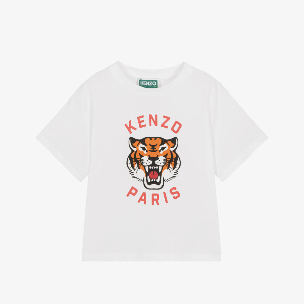 KENZO KIDS-White Cotton Crew Neck Tiger Logo T-Shirt | Childrensalon