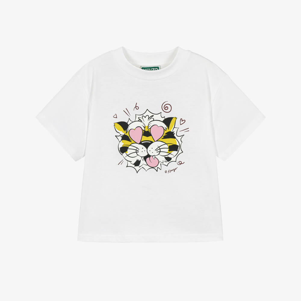 KENZO KIDS-White Cotton T-Shirt with Playful Wild Tiger Graphic | Childrensalon