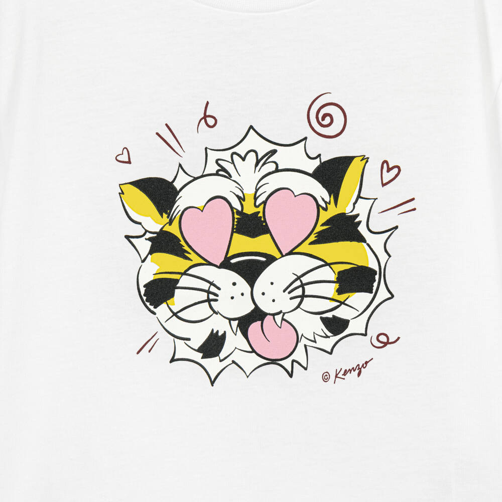 KENZO KIDS-White Cotton T-Shirt with Playful Wild Tiger Graphic | Childrensalon